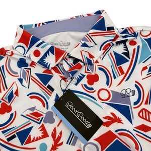 Good Good Golf Polo Shirt Medium White Red Blue Geometric Abstract Performance